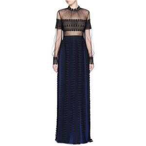 Blue and Black Lace Dress with Pleated Skirt